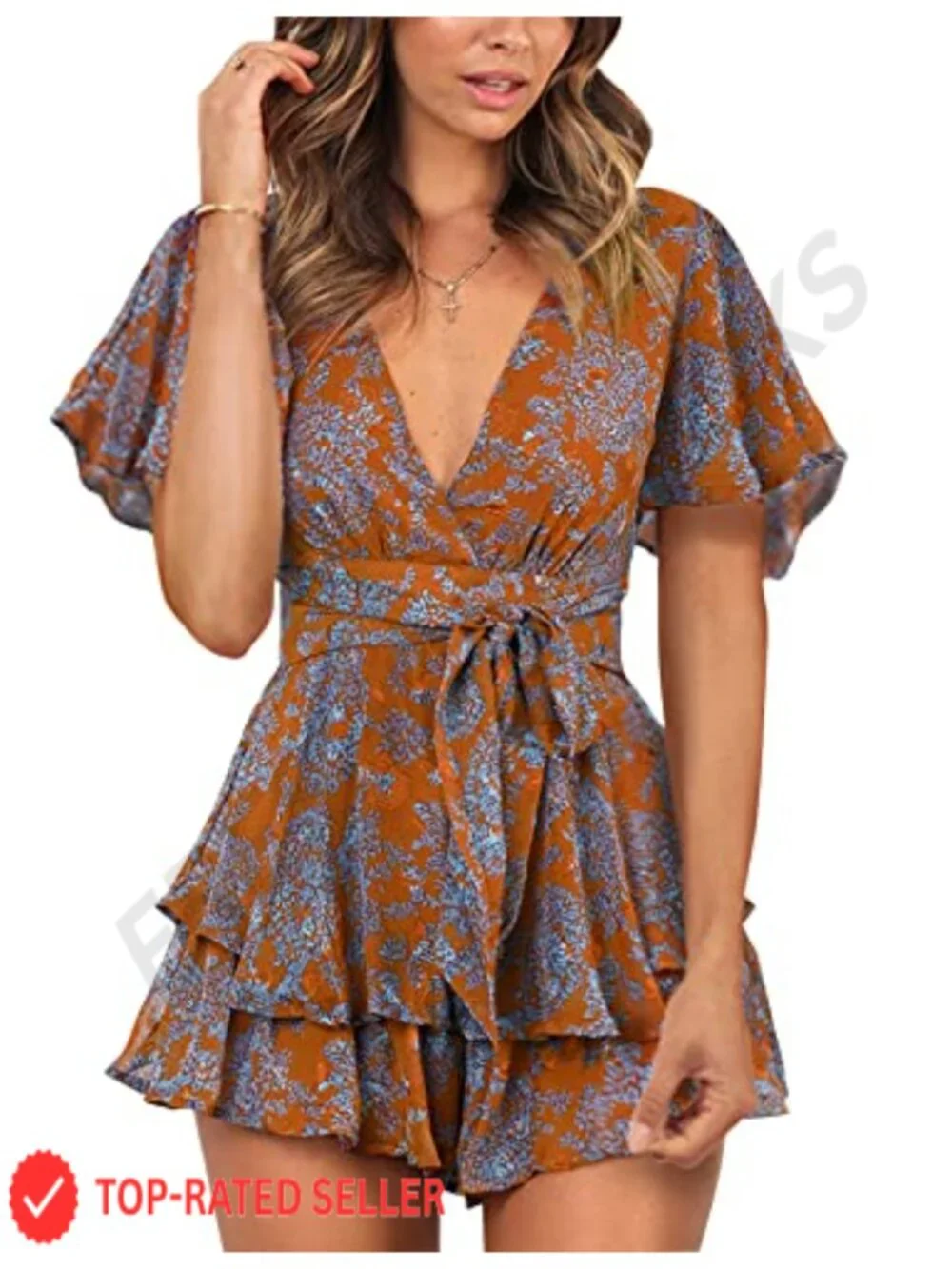 Women's Floral V-Neck Romper Ruffle Hem Jumpsuit Short Flare Sleeve Waist Tie